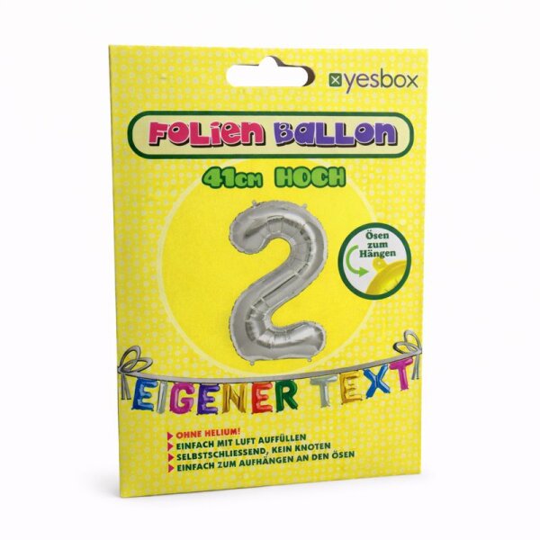 Metall Folien Ballon Ziffer 2 silber – 41 cm Zahlenballon